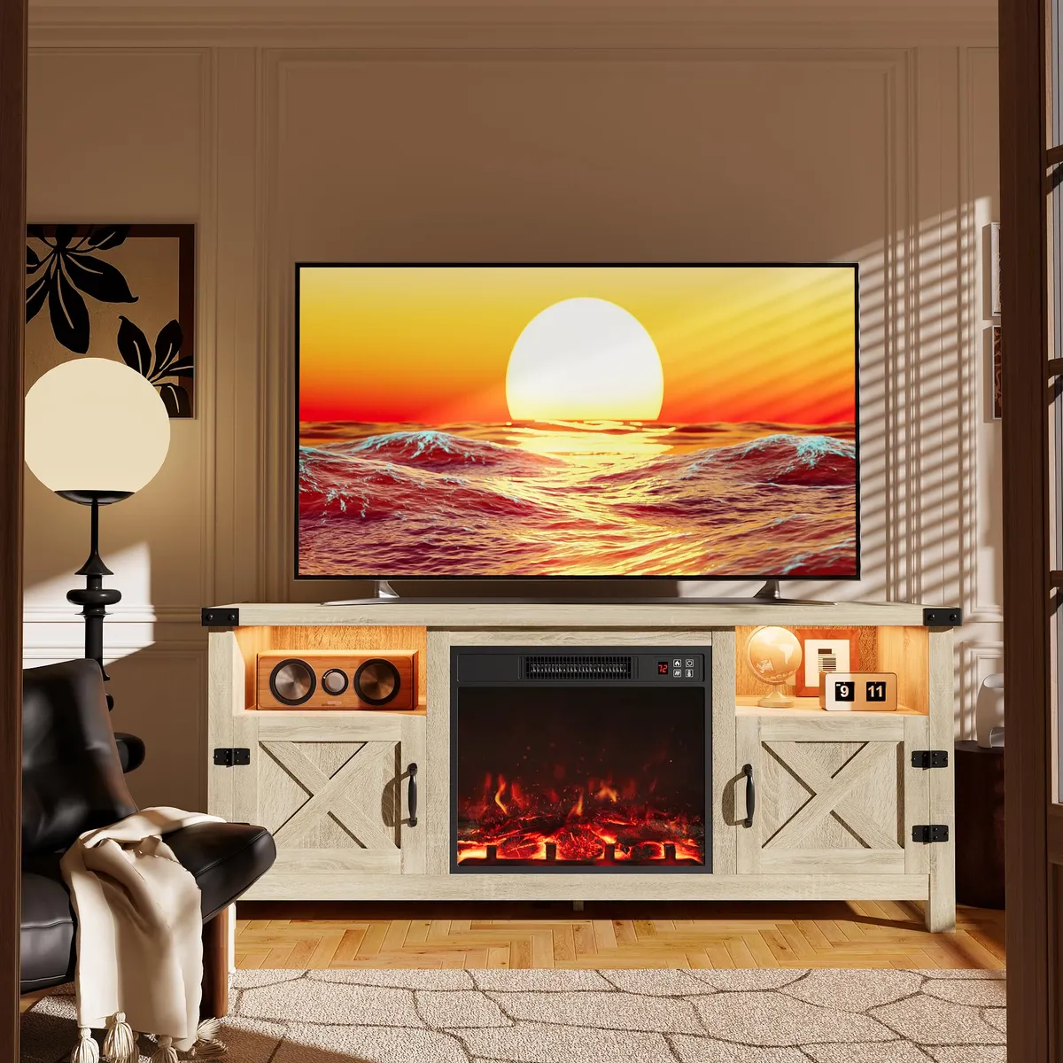 Farmhouse Fireplace TV Stand, Light Oak, 18 in fireplace