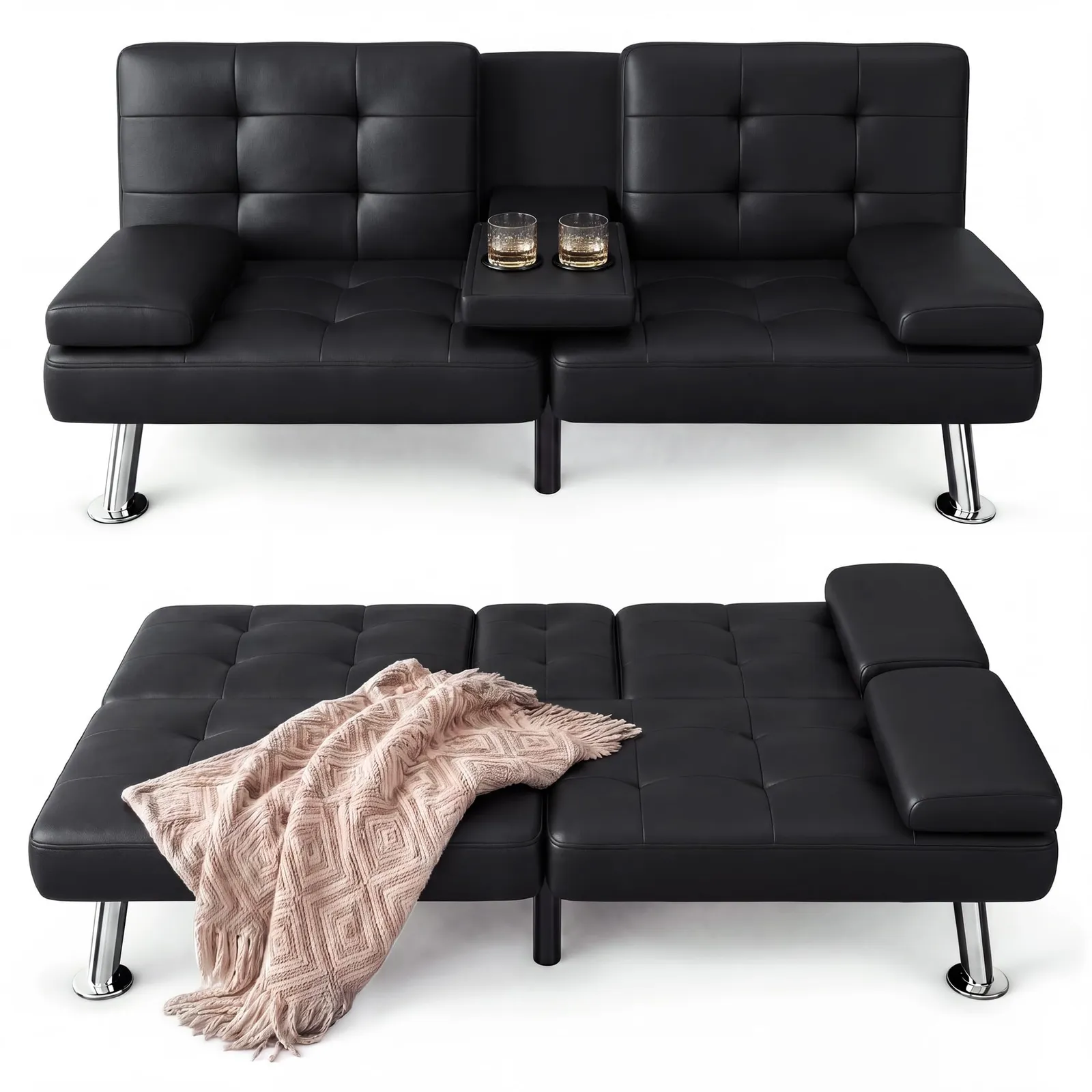 Furmax Futon Sofa Bed, Black, Artificial Leather, product photo