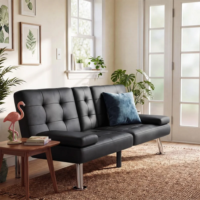 Furmax Futon Sofa Bed, Black, Artificial Leather, in a room